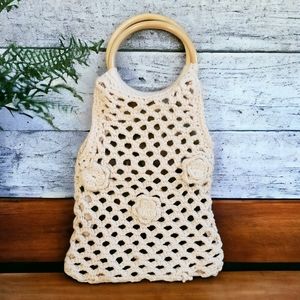 Boho Crochet Handbag Wood O Ring Handles Ivory 10x7 Inch Hippie Retro Festival